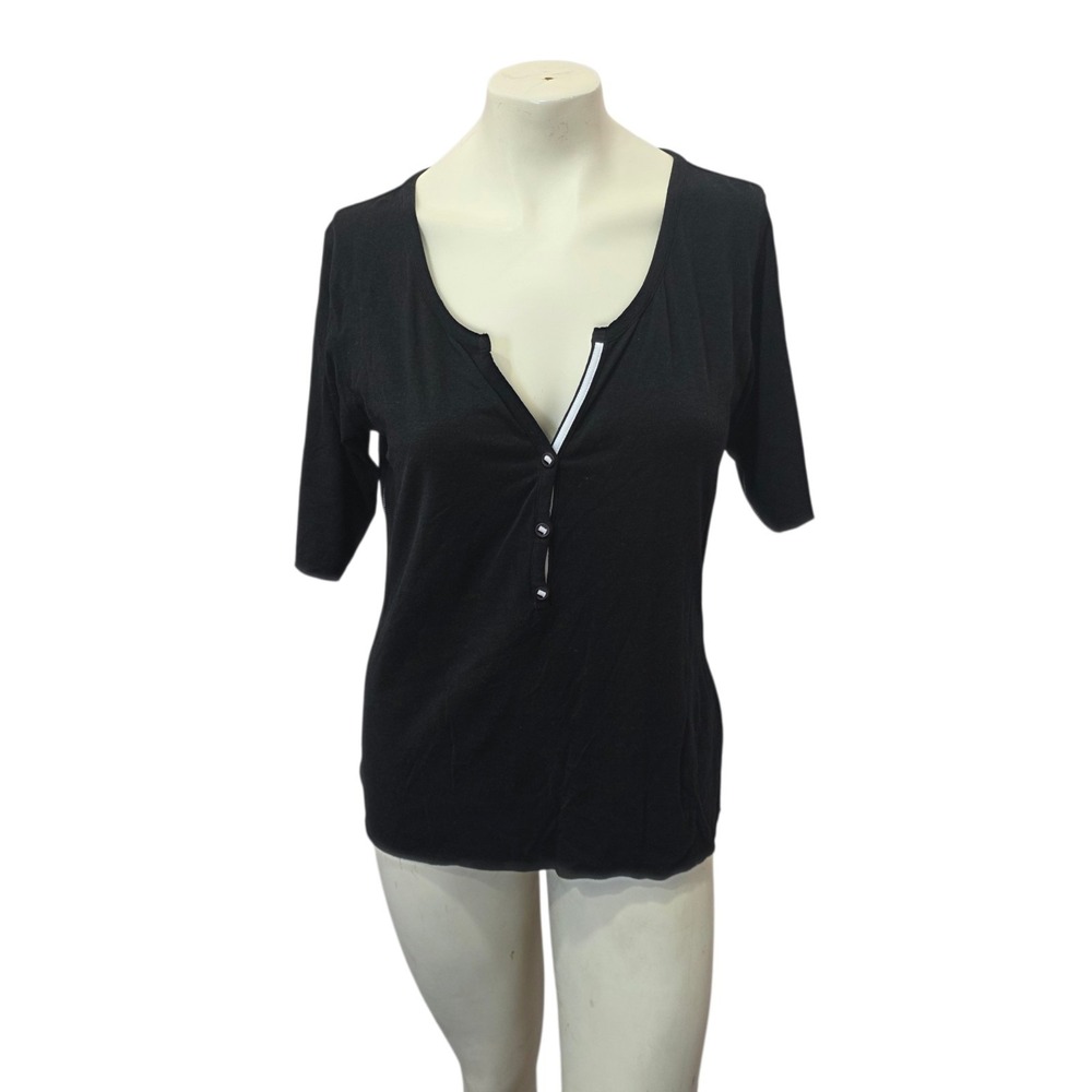 Soybu Black Henley Top Large 3/4 Sleeve V Neck Stretch Knit Casual‎ Shirt L